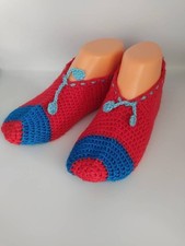 Handmade Red  Blue Crochet Slipper Socks with Tie Detail   Size 7 Cozy Home Wea