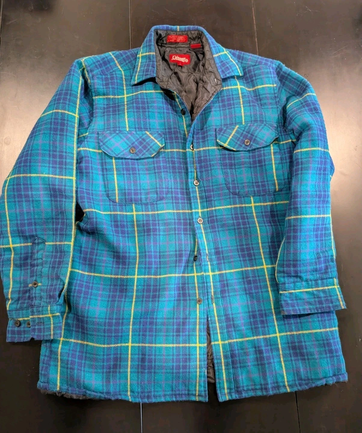 VINTAGE Coleman Insulated Plaid Jacket Blue Green Yellow Men's M Button