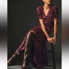 Anthropologie Women's Purple Printed Ruched-Sleeve Mesh Lined Maxi Dress Sz XS