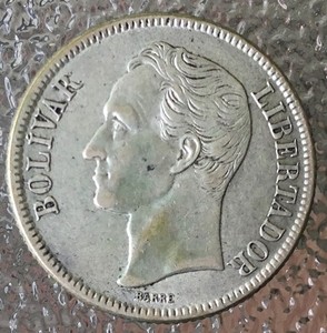 1945 1 Bolivar, Venezuela, Gram 5, .835 silver, great details. We