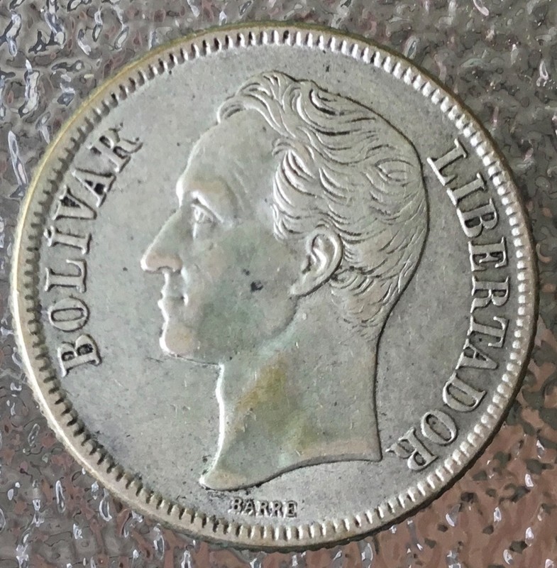 1945 1 Bolivar, Venezuela, Gram 5, .835 silver, great details. We