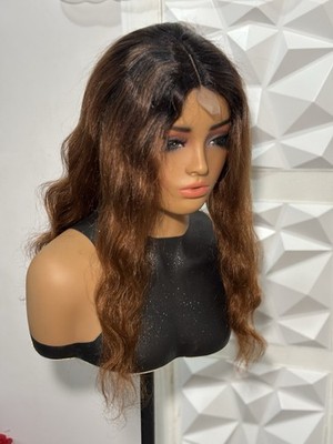 22  Auburn Body Wave Human Hair Blend Wig Glueless Dark Root 2x4 Closure