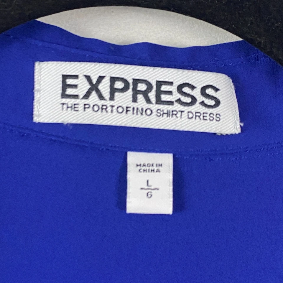 Express Portofino Shirt Dress Size Large Blue Button Front Belted Long Sleeve - Image 4 of 4