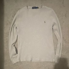 Polo Ralph Lauren White Waffle-Knit Crewneck Pullover Logo Cotton Sweater M