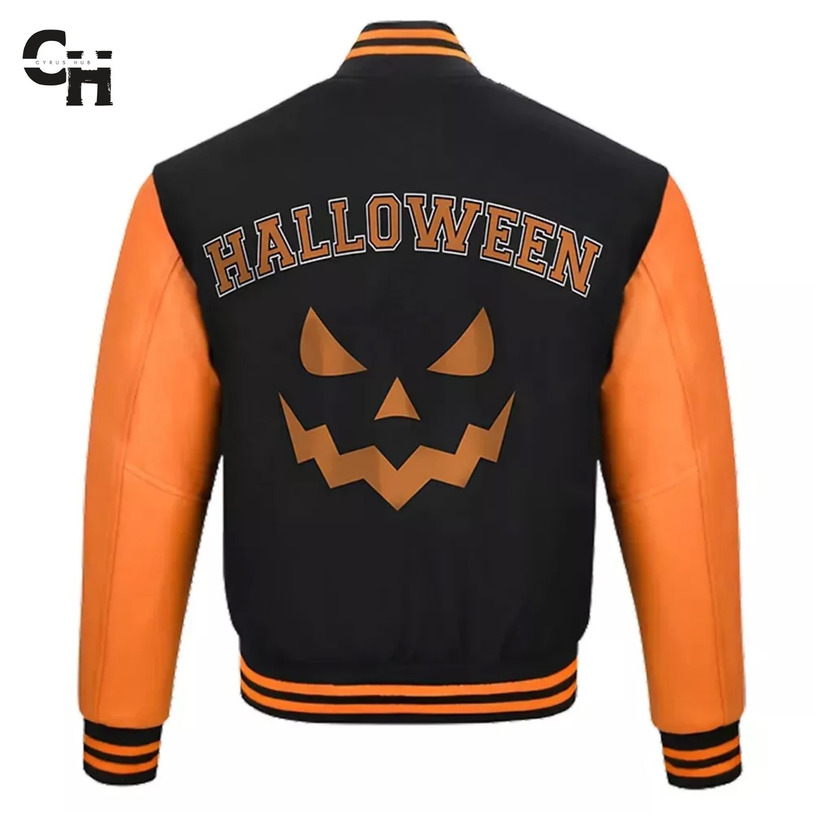 Letterman Halloween Pumpkin Black Wool and Orange Leather Sleeves Varsity Jacket