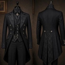 British Men Suit Black Paisley Wedding Tuxedo Evening Party Prom Long Coat 3pcs