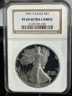 1991 S AMERICAN SILVER EAGLE NGC PF69 ULTRA CAMEO