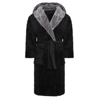 Mens Fleece Dressing Gown Hooded Soft Belted Robe Housecoat Warm UK
