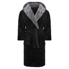 Mens Fleece Dressing Gown Hooded Soft Belted Robe Housecoat Warm UK