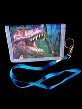 Dinosaur Wallet Canvas 5x3.5" Trifold W/strap Zip Pocket Front Interior Pockets