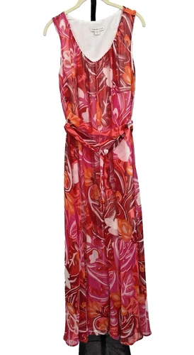 Coldwater Creek Mariposa Red Orange Tropical Print Chiffon Maxi Dress - Size 6