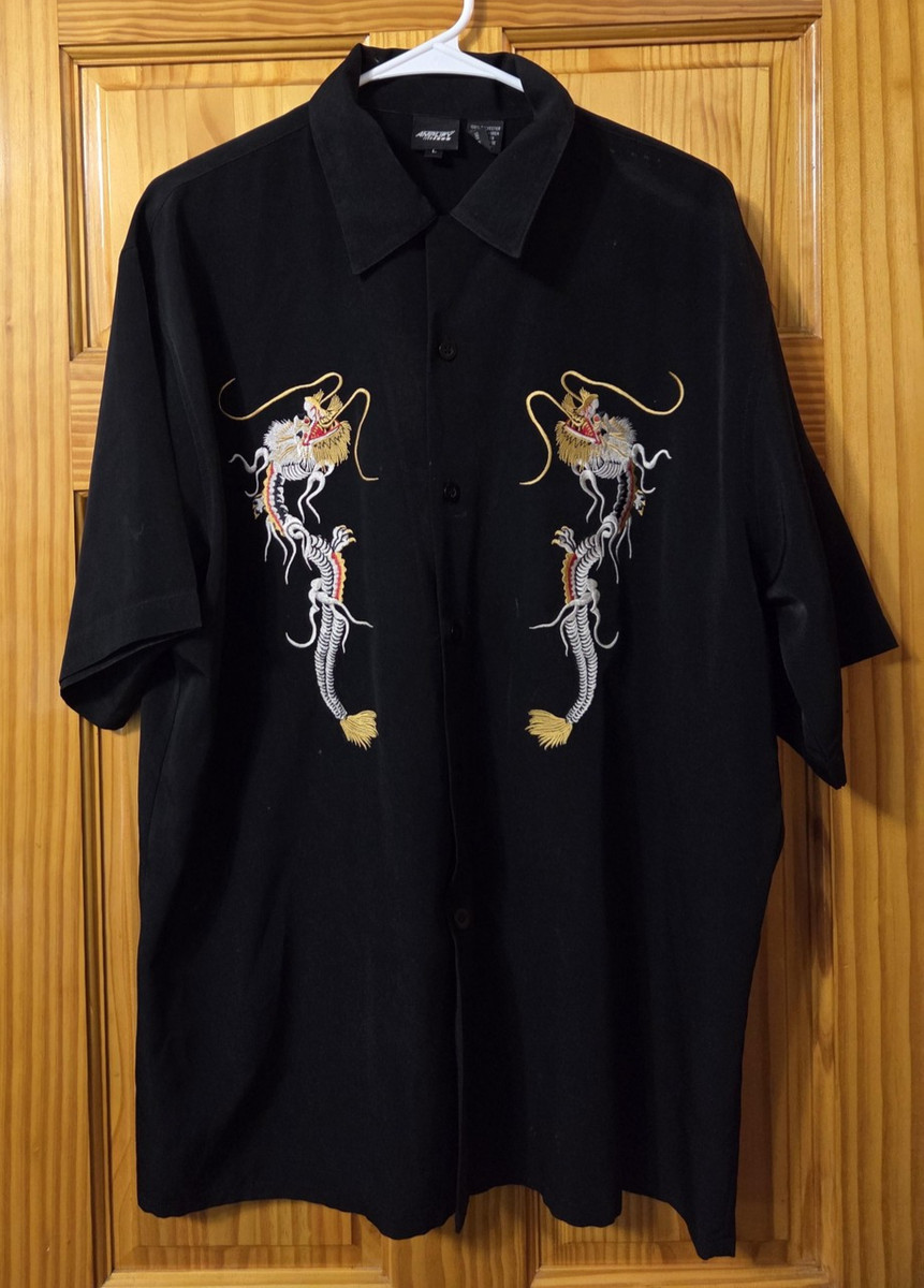 Dragon Embroidered Shirt Mens Large Black Button Up Short Sleeve