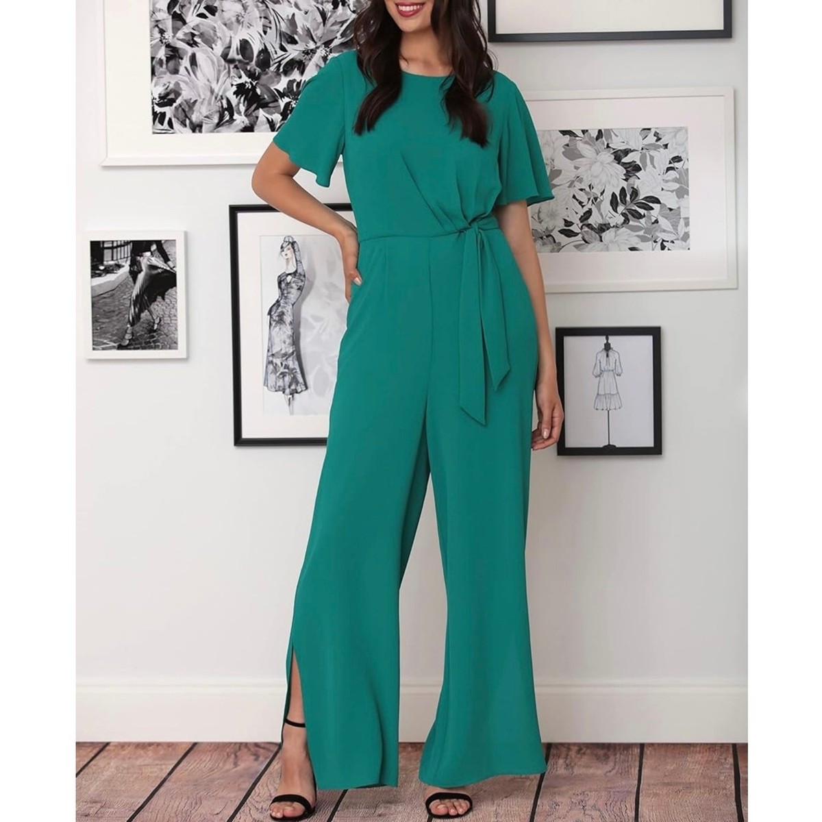 London Times Crepe Faux-Wrap Jumpsuit size 8, Teal NEW $128