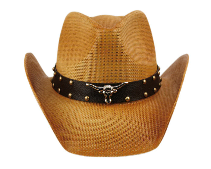 Bull Cowboy Hat Straw Leather Studded Western Riding Men display picture 2