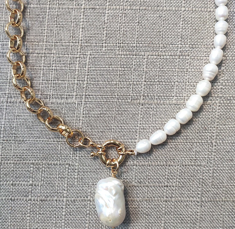 Collar Blanco Natural Barroco Perla Natural 14k Relleno Oro Cadena Collar Foto 2 de 2