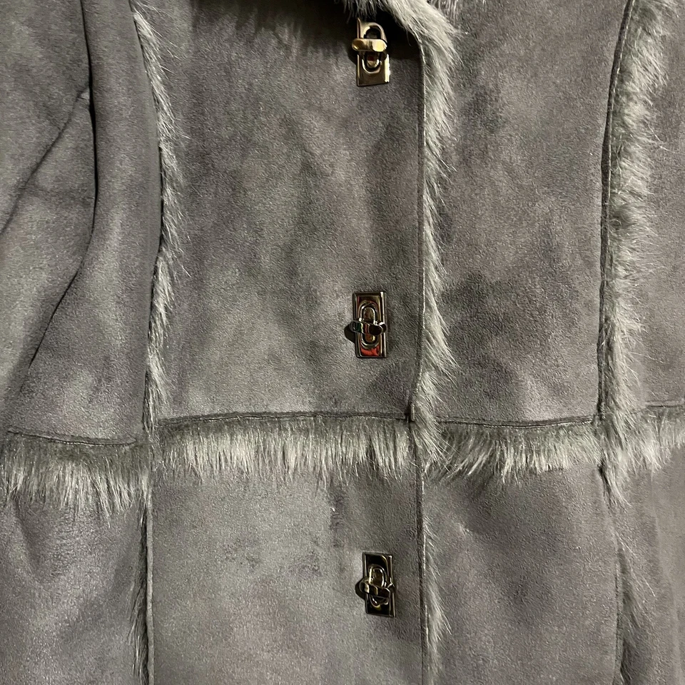 Abrigo Penny Lane gris con ribete de piel sintética vintage/Y2K chaqueta de cuero de gamuza sintética pequeña Foto 3 de 4