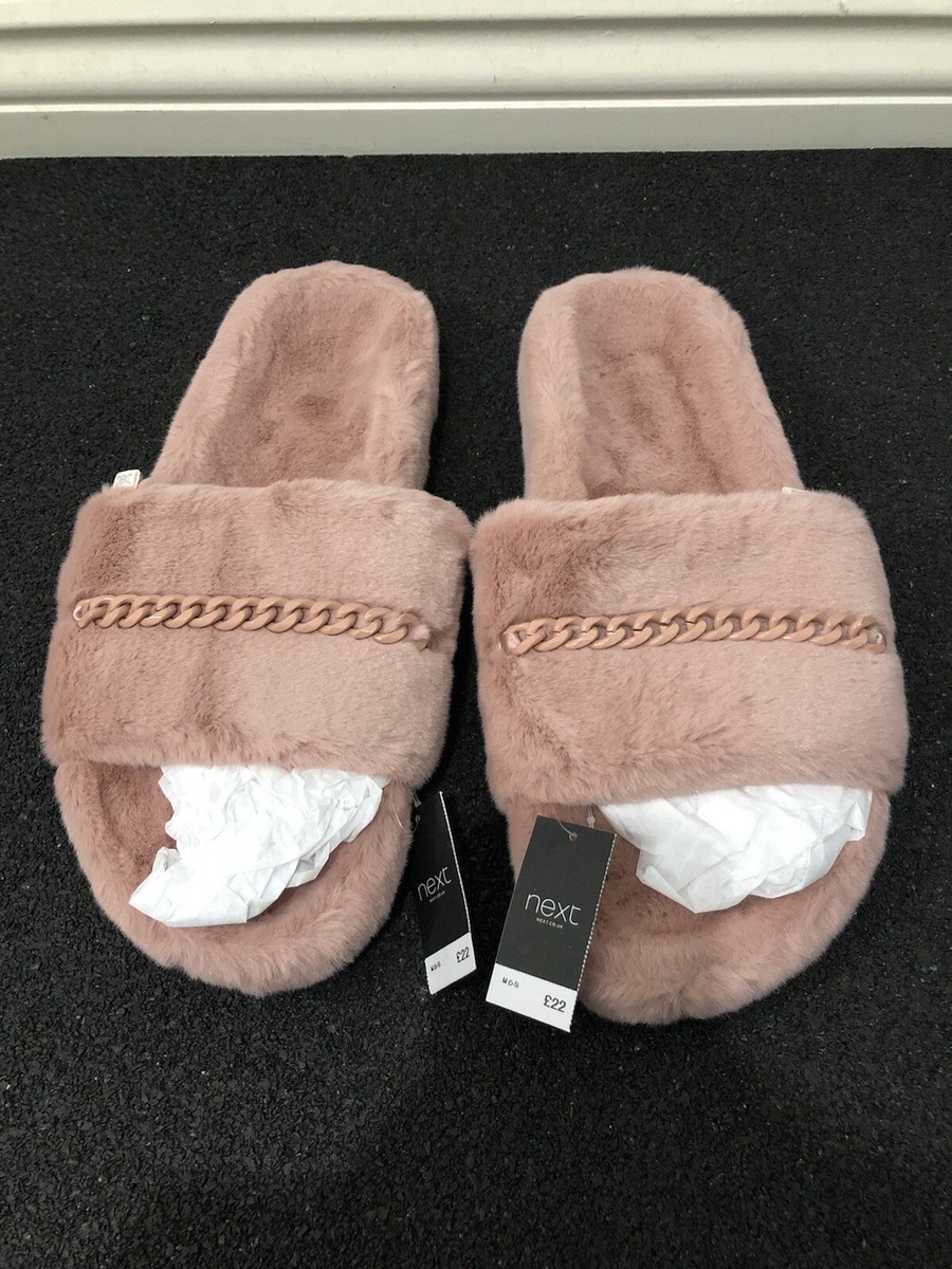 Next Pink Faux Fur Chain Detail Sliders Slippers House Shoes M UK