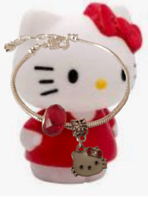 Armband - Hello Kitty und rote Perle - versilbert und rot-weiße Emaille - 