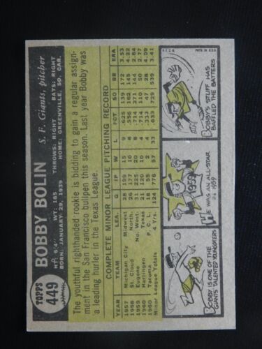 Tarjeta de béisbol Topps 1961 #449 de Bobby Bolin (EX-MT/NM) - Imagen 2 de 2