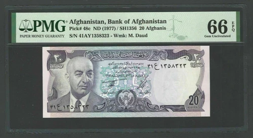 1977 Afghanistan 20 Afghanis Banknote PMG Graded-Gem UNC 66 EPQ--.21-951