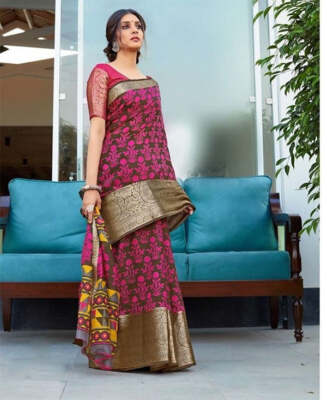 Brauner Arbeits-Sari mit Print und Jacquard-Bordüre
