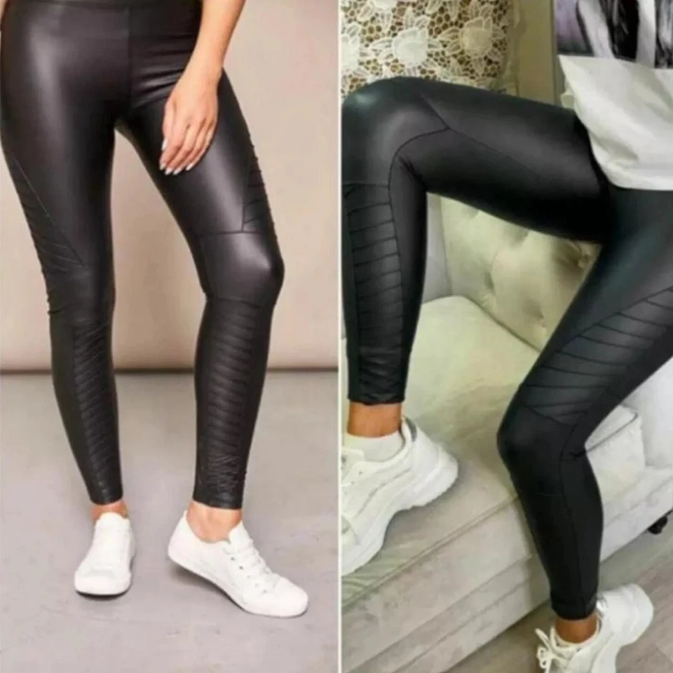 Leggings de motociclista de aspecto húmedo para mujer - Pantalones elásticos de cintura alta de cuero sintético PU Foto 4 de 4