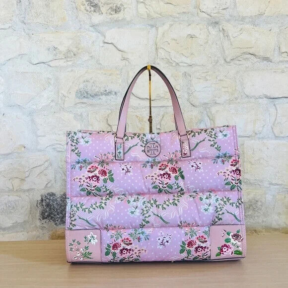 Tory Burch Ella Nylon Quilted Puffer Pink Sugar Berry Floral Tote Bag Purse  NWT