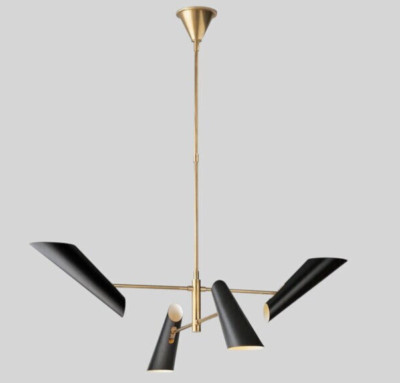 1950's Mid Century Brass Black Sputnik Chandelier 4 Light Starburst Fixture Lamp