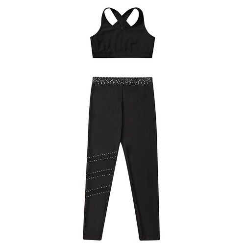 Kids Girls Crop Top With Leggings Breathable 2 Piece Dance Outfits Yoga Workout - Picture 40 of 61