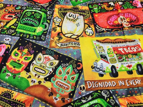 Jorge Gutierrez Fabric Lot Food Truck Skulls Day of the Dead Art Luchadora Beans - Picture 3 of 12