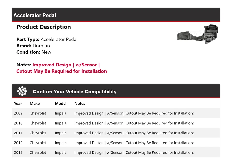 Pedal acelerador Chevrolet Impala Dorman 2009-2013 2010 2011 2012 - Imagem 2 de 4