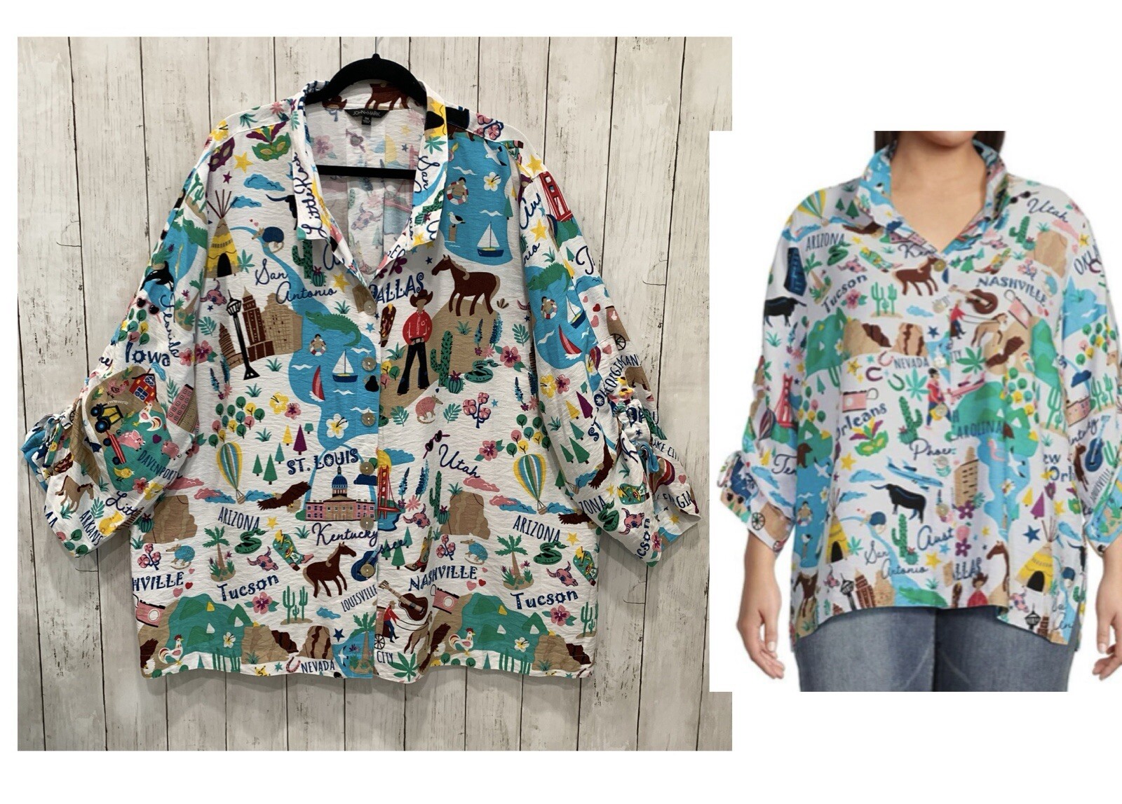 NWT John Mark 3X Novelty Print Wire Collar Neck 3/4 Sleeve Button Top Blouse
