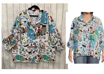 NWT John Mark 3X Novelty Print Wire Collar Neck 3/4 Sleeve Button Top Blouse