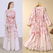 womens Sweet floral printing slimming dress crew neck long new chiffon dress