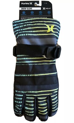 HURLEY Heat Block Water Resistant Black w Stripes Snow Gloves Size S/M Snowboard