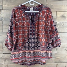 Fig And Flower Womens Blouse 3/4 Sleeve Tie Keyhole Semi Sheer Boho Size Medium