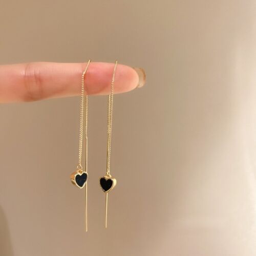 Fashion Black Heart Tassel Earrings Ear Line Hoop Drop Dangle Women Jewelry Gift