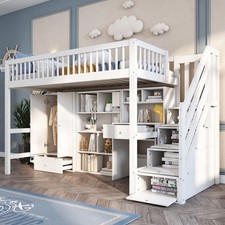Wooden High Sleeper Storage White Bed Kids Cabin Bed with Desk, Wardrobe & Stair