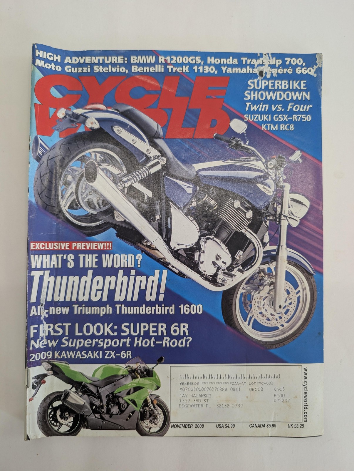 Cycle World Magazine November 2008 Issue Triumph Thunderbird Kawasaki ZX-6R