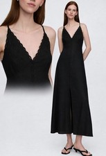 NWT Gap Linen Blend Embroidered Halter Romantic Sundress Maxi Dress Sz M Black