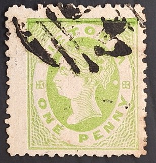 1864 Victoria Australia 1d Apple gn Netted corner stamp WMk SL1 P12 Dl top frame