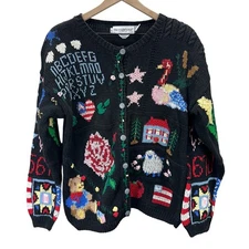 VTG The Eagles Eye Womens Size L Hand Knit Cardigan Sweater Black Bear Rose Flag