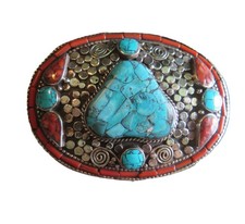Oval Belt Buckle Inlaid Stone Turquoise Coral Lapis German Silver 3 3/8 x 2 3/8