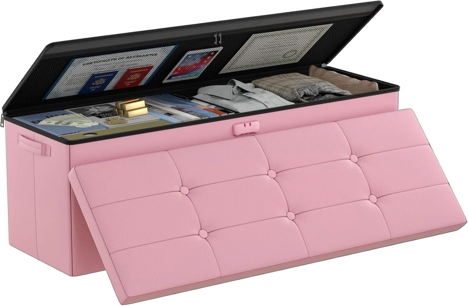 Elegante banco otomano de almacenamiento de cuero rosa con cerradura - ignífugo e impermeable Foto 3 de 4