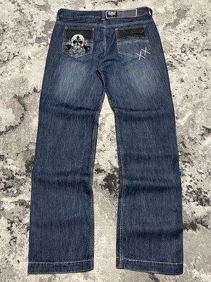 Vintage Skull Moto Affliction Jeans Jnco Bape Baggy Streetwear Biker Blue