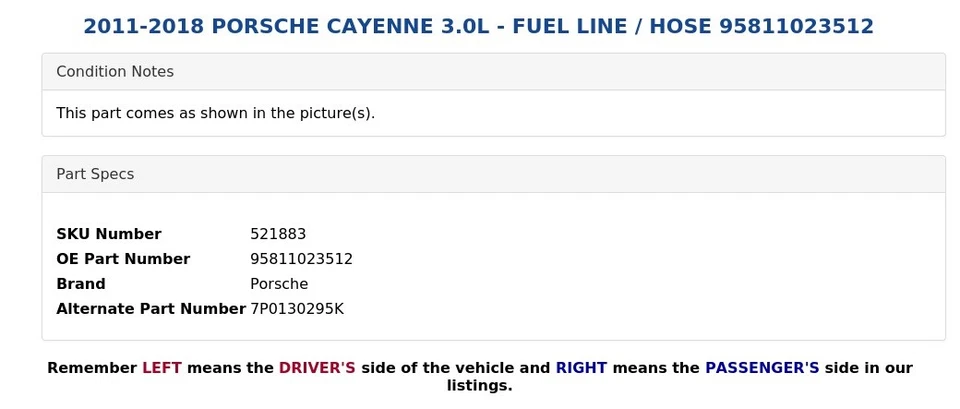 Porsche Cayenne 2011-2018 3,0 L - línea de combustible / manguera 95811023512 Foto 3 de 4