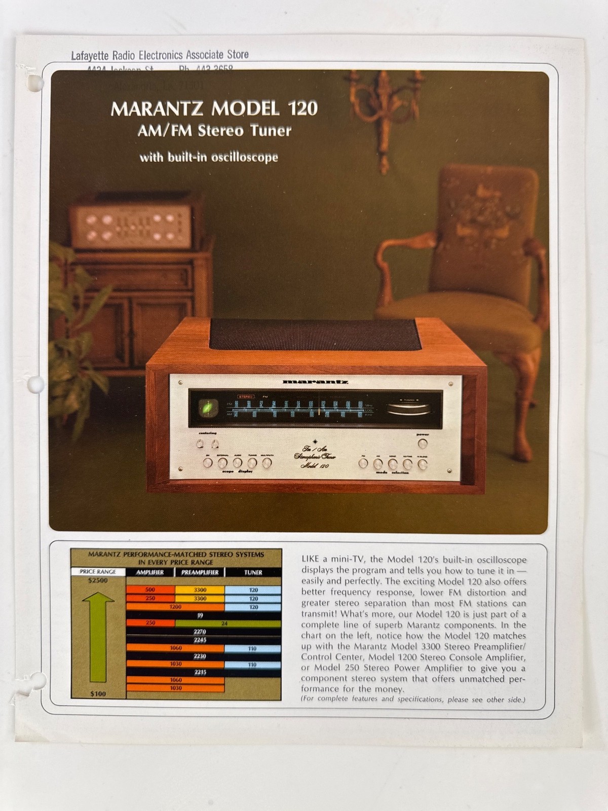 Vintage Marantz Model 120 AM/FM Stereo Tuner Color Specs & Sales Sheet