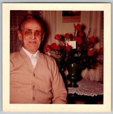 Vtg Color Snapshot Elderly Man With Roses Cardigan 1960s