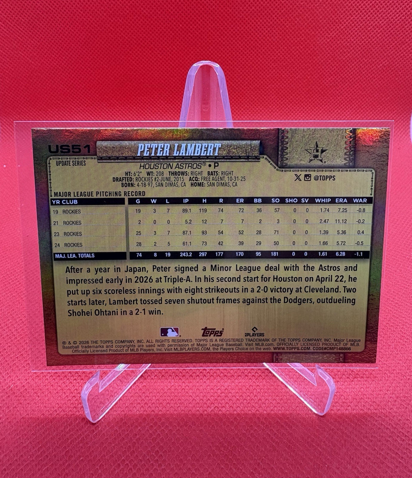 2026 Topps Update Peter Lambert Golden Mirror SP #US51 Astros RARE