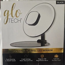 Glo-Tech 8" Foldable Travel LED Mirror 3 Light Settings 10X Magnification-Black